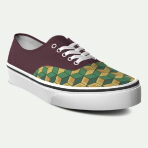 Zapatillas inspiradas en el kimono de Giyu Tomioka de Kimetsu no Yaiba, diseño dividido vino tinto y patrón geométrico amarillo y verde – SoulArt Colombia